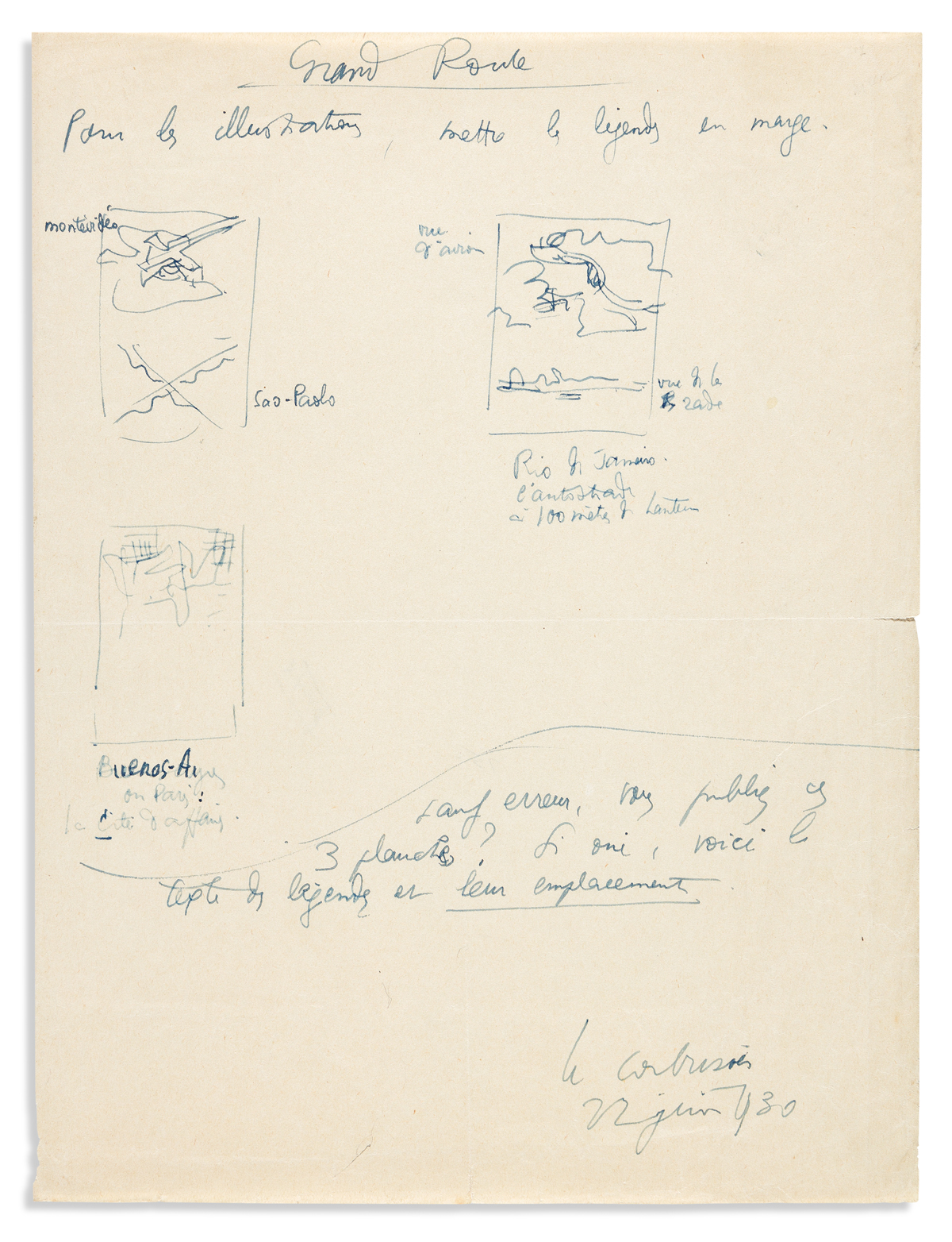 LE CORBUSIER. Two items: Autograph Note Signed, with three small ink drawings * Photograph Signed.